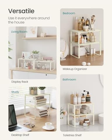 SONGMICS Cabinet Organizer Shelf, Set of 2 Kitchen Counter Shelves, Kitchen Storage, Spice Rack, Stackable, Expandable, Metal and Engineered Wood, Cream White UKCS002W02 - Image 6