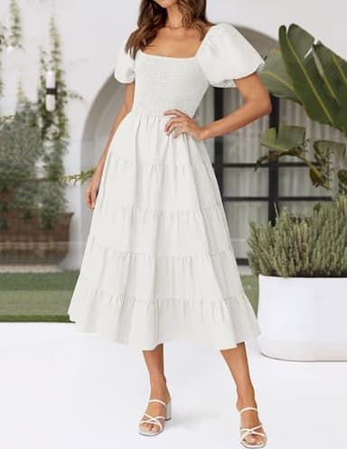 ZESICA Women's 2025 Summer Square Neck Short Puff Sleeve Solid Color High Waist Casual Smocked Flowy A Line Tiered Midi Dress,White,XX-Large - Image 3