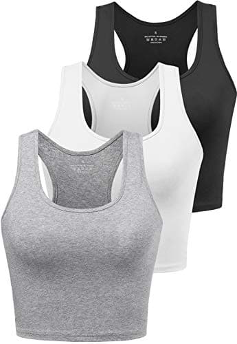 Porvike Sports Crop Tank Tops for Women Cropped Athletic Yoga Tops Racerback Running Tanks Cotton Workout Shirts Sleeveless Undershirts Exercise Gym Clothes 3 Pack Black White Grey M - Image 1