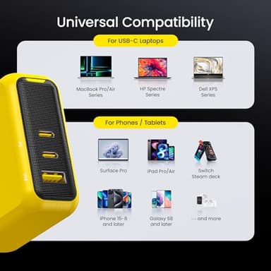 AOHI Magcube 140W USB C Charger PD3.1 3-Port GaN+ Laptop Wall Charger 100W Fast Charging Power Adapter Foldable Plug for MacBook Pro 16'', Dell XPS, iPad Pro, Galaxy, iPhone 15 Pro, Chromebook, Yellow - Image 9