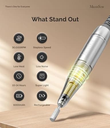 MelodySusie Professional Nail Drill, 30000 RPM Rechargeable Electric E File, SC320H Acrylic Gel Grinder Tools,Portable Nail Drill with 6 Bits Efile for Gel Nails Removing Manicure Pedicure Salon - Image 2