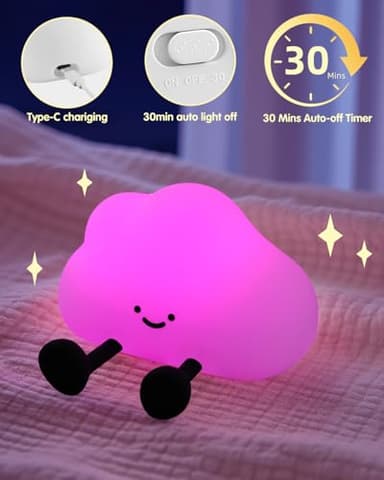 YISUN Cloud Night Light, Colorful Silicone Night Lights for Nursery, Rechargeable Dimmable Bedside Lamp with Timer, Soft Squishy Night Lamp Portable Kids Gift for Girls, Boys, Babies - Image 4