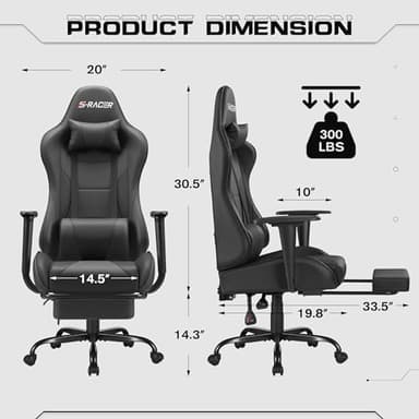 Homall Gaming Chairs, Computer Chair with Footrest and Massage Lumbar Support, Height Adjustable Game Chair with Headrest and Swivel Seat (Black) - Image 3