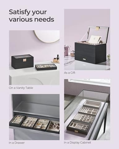 SONGMICS Stackable Jewelry Trays, 4-Tier Jewelry Box, Drawer Jewelry Organizer, with Glass Lid, Removable Dividers, for Vanity Table, 6.7 x 11 x 7.2 Inches, Gift Idea, Ink Black UJBC164B01 - Image 7