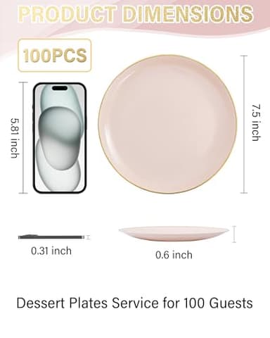 Nervure 100Pieces Pink and Gold Plastic Plates - 7.5inch Disposable Pink Salad/Dessert Plates - Heavy Duty Plastic Plate Ideal for Wedding & Party - Image 3