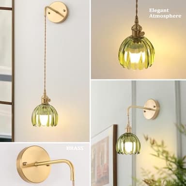 Battery Operated Wall Sconce with Green Tulip Shade Pattern Glass Adjustable Chain Retro Gold Wall Mounted Light, Modern Wall Lamp Fixtures Decor for Bedside Bedroom Indoor Doorway - Image 6