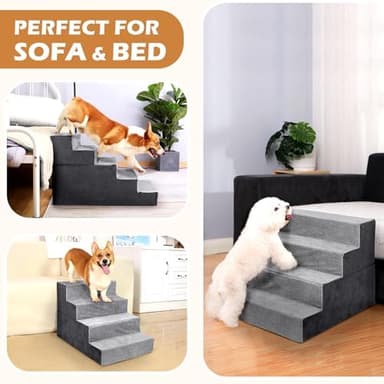 Heeyoo Dog Stairs for Small Dogs,5-Step Dog Steps for High Bed and Couch, High-Density Foam Pet Steps with Supporting Board, Non-Slip Removable Washable Cover, Grey - Image 6