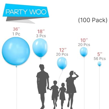 PartyWoo Light Blue Balloons, 100 pcs Blue Balloons Different Sizes Pack of 36 Inch 18 Inch 12 Inch 10 Inch 5 Inch for Balloon Garland as Birthday Decorations, Wedding Decorations, Party Decorations - Image 2