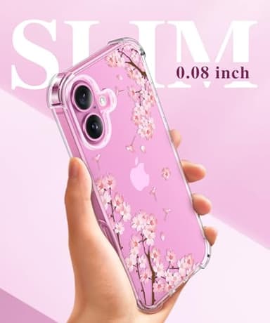GVIEWIN for iPhone 16 Case, with Screen Protector & Camera Lens Protector, Floral Shockproof Protective Bumper Slim Soft Clear Phone Cover for Women 2024 6.1" (Sakura/Pink) - Image 8
