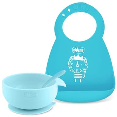 Chicco Easy Start Silicone Feeding Set | Dishes for Baby-Led Weaning | Suction Bowl | Adjustable Silicone Bib | Soft Silicone Spoon | BPA-Free | 3 Piece Set | 6m+ | Teal - Image 1