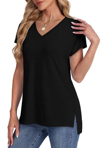 WIHOLL Womens Summer Basic Tops Business Casual Loose Fit V Neck T Shirts Cap Sleeve Oversized Summer Beach Vacation Clothes Dressy Trendy 2025 Fashion Tee Blouses Black XL - Image 4