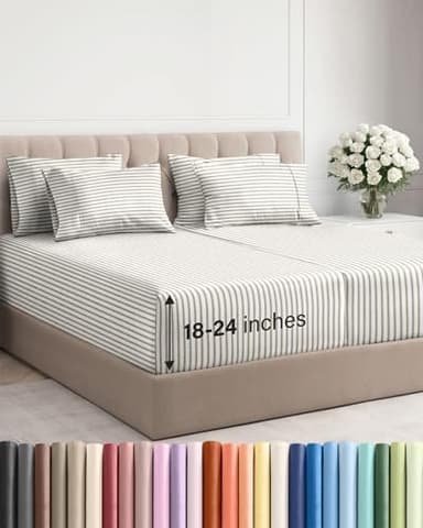Extra Deep Split King Sheet Set - 7 Piece Breathable & Cooling Sheets - Hotel Luxury Bed Sheets Set - Easy Fit - Soft, Wrinkle Free & Comfy Sheets Set - Beige Striped Sheet Set w/Extra Deep Pockets - Image 2