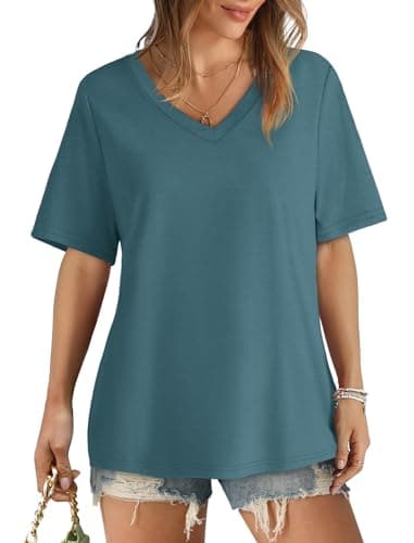 Womens Tshirts Short Sleeve V Neck Oversized Shirts Summer Casual Tops Blue M - Image 2