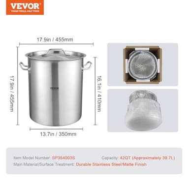 VEVOR Stainless Steel Stockpot, 42 Quart Large Cooking Pots, Cookware Sauce Pot with Strainer, Lid, and Handle, Heavy Duty Commercial Grade Stock Pot, Sanding Treatment, for Large Groups Events Silver - Image 7