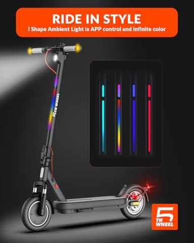5TH WHEEL V40 PRO Electric Scooters, 48V 800W Peak Motor & 20 MPH, 24.9 Miles Range, 10" Solid Tires, Front-N-Rear Suspension and Ambient Light, Folding Sport Scooters with Dual Brake System and APP - Image 2