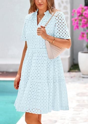 PRETTYGARDEN Eyelet Dresses for Women 2025 Summer Short Sleeve V Neck Hollow Out Ruffle A Line Boho Beach Vacation Mini Dress (Light Blue,Large) - Image 6