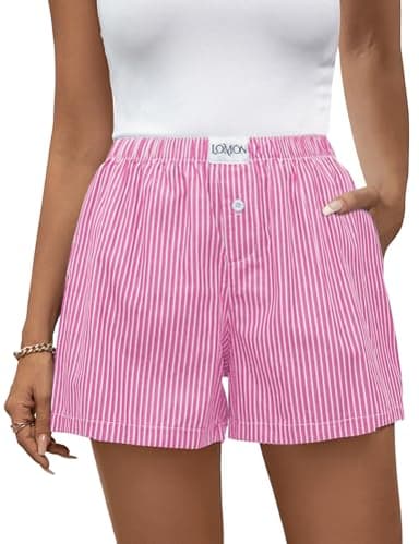 LOMON Boxer Shorts for Women Summer Cotton Pajamas 2025 Lounge Sleep Pj Striped Short Pants Y2K Beach Bottoms with Pockets (Pink White Pinstripe S) - Image 1