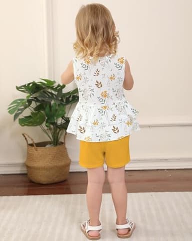 YUEMION Toddler Girl Clothes, 2Pcs Baby Girl Summer Outfits Sleeveless Bow Knot Tank Shirts Tops + Shorts Clothing Sets(Flowers+ Bright yellow, 4-5T) - Image 4