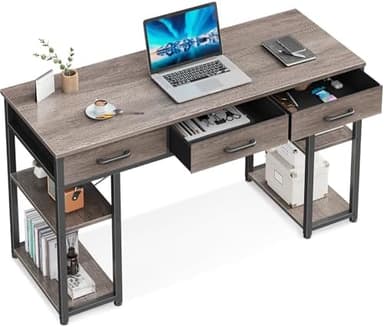 ODK Office Small Computer Desk: Home Table with Fabric Drawers & Storage Shelves, Modern Writing Desk, Grey Oak, 48"x16" - Image 3