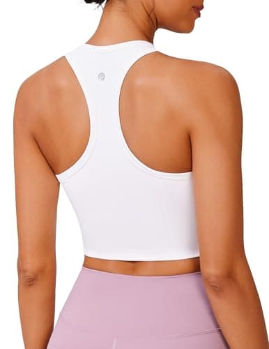 PINSPARK Racerback White Sports Bras for Women Wireless Padded Workout Tank Tops U Neck Longline Yoga Tops Built in Bra Light Support Medium,White - Image 1