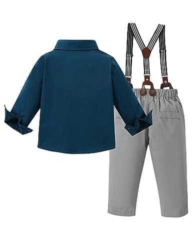 DISAUR Matching Family Outfits Long Sleeve Dark Blue Grey Dress Shirt Bow Tie Suspender Pants Boys Church Outfit 4t 5t 4-5t - Image 8