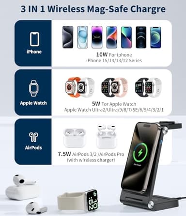 Magnetic Wireless Mag-Safe Charging Station, 3 in 1 Fast Max Charging for iPhone 16 15 14 13 12 Pro Max Plus, Apple Watch, Air Pods Pro - Space-Saving Multi-Device Stand (Black) - Image 3