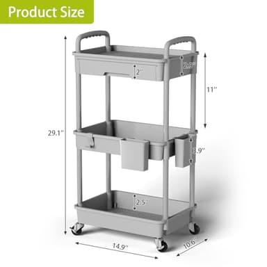 Sorgion 3 Tier Rolling Cart Organizer,Laundry Room Bathroom Organizers and Storage Office Shelves Mobile Shelving Unit Kitchen Trolley Cart with Wheels for Art,Craft,Diaper,Bedside,Snack(Grey) - Image 3