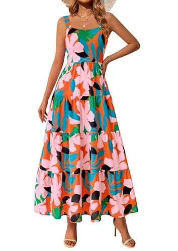 PRETTYGARDEN Women's Summer Floral Maxi Dress Sleeveless Smocked Ruffle Long Flowy Beach Vacation Boho Sundresses (Floral Orange Pink,Large) - Image 1