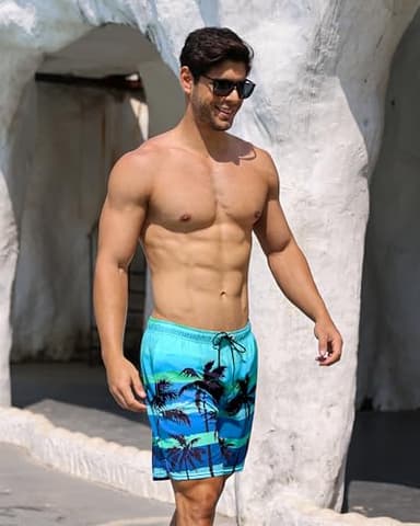 OlyPegic Men's Swim Trunks Board Shorts Mens Bathing Suit Beach Shorts Quick Dry Swimwear Swimsuit with Compression Liner Men 2 in 1 Swim Trunks Men 7 Inch with Zipper Pock (Coconut Tree) - Image 4