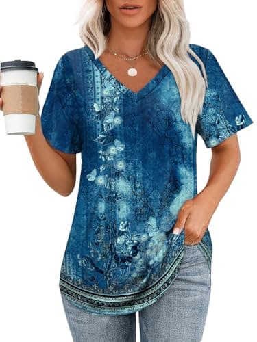 OFEEFAN Womens Tops Dressy Casual V Neck Short Sleeve Cute Tie Dye Plus Size T Shirts 2025 Summer Flowy Basic Tees Beach Vacation Outfits for Women Clothes Blue 3XL - Image 1