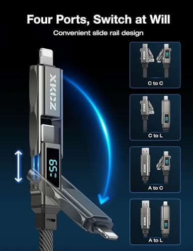 XKCZ 4 in 1 USB C Cable with Wattage Display, 65W Flat Nylon Braided Multi Charge Cable with Data Sync, USB C Charging Cord Combo Type C/USB A/L Port for iPhone/iPad/Samsung/Laptop, 5FT - Image 2