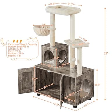Yaheetech Litter Box Enclosure with Cat Tree, All-in-one Indoor Kitten House w/Scratching Posts, Wooden Cat Litter Box Furniture w/Kitty Condo, Platform, Greige/Beige - Image 3