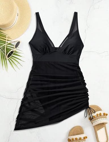 SUUKSESS Women Sexy Mesh One Piece Swim Dress Slimming Tummy Control Swimsuit Push Up High Waisted Bathing Suit(Black,XL) - Image 6