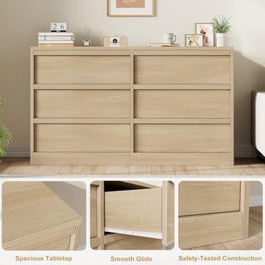 GarveeHome 6 Drawer Dresser for Bedroom, Modern Double Dresser Organizer with 6 Drawers Large Storage, Wooden Chest of Drawers for Living Room, Nursery, Hallway - Natural - Image 5