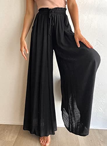 Dokotoo Womens Beach Fashion Clothing Wide Leg Pants with Tie Drawstring Casual Loose High Waisted Palazzo Linen Pants for Women Ladies Soft Lounge Trousers with Pockets Black L - Image 3