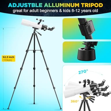 Telescope for Adults Kids High Powered: 90mm Astronomical Portable Refracting FMC Beginners Explorer Scope for Children 8-12 Travel Moon Planet Stars Gazing with Professional Tripod (White) - Image 4