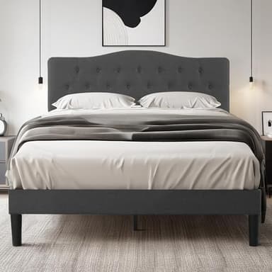 VECELO Full Size Bed Frame Upholstered Platform with Tufted Adjustable Headboard/Mattress Foundation Wood Slat Support/Easy Assembly,Grey - Image 1