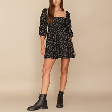 EXLURA Womens Square Neck Dress Long Puff Sleeve A-Line Casual Short Mini Dress Black Floral - Image 6