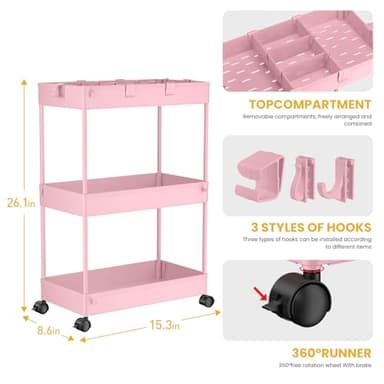 SPACELEAD 3 Tier Rolling Cart with Wheels, Storage Craft Art Trolley Organizer Serving, 3 Hanging Baskets Easy Assembly, for Office, Living Room, Kitchen, Pink - Image 3