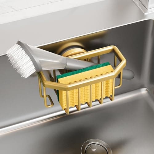 TAILI Sponge Holder for Kitchen Sink with Strong Suction Cup Removable, Rustproof Aluminum Sink Caddy for Sponge, Brush, Scrubber, Scraper -Gold - Image 1