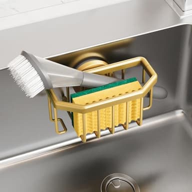 TAILI Sponge Holder for Kitchen Sink with Strong Suction Cup Removable, Rustproof Aluminum Sink Caddy for Sponge, Brush, Scrubber, Scraper -Gold - Image 1