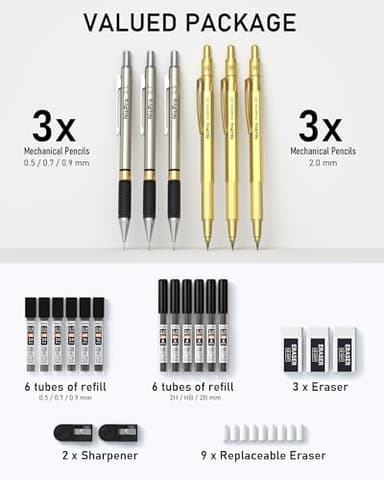 Nicpro Gold Art Mechanical Pencil Set, Metal Drafting Pencil 0.5, 0.7, 0.9mm & 2mm Lead Holder(2B HB 2H) For Sketching Drawing With Lead Refills Case - Image 4