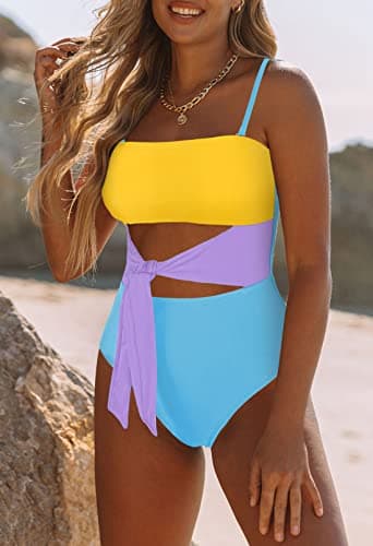 Viottiset Women's Bandeau One Piece Swimsuit Strapless Tie Cut Out Bathing Suit Yellow Blue XL - Image 5