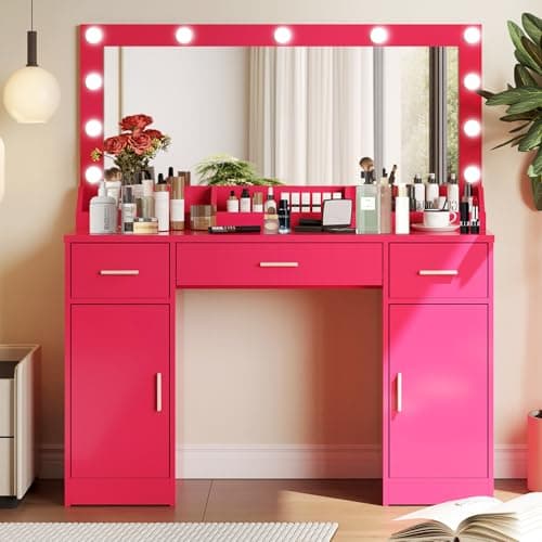 MIRROTOWEL 47.5” Vanity Desk with Large Mirror, 3 Colour Lighting Modes, Adjustable Brightness, Dresser with 3 Drawers & 2 Vertical Cabinets, Makeup Vanity Table for Women Girls - Image 1