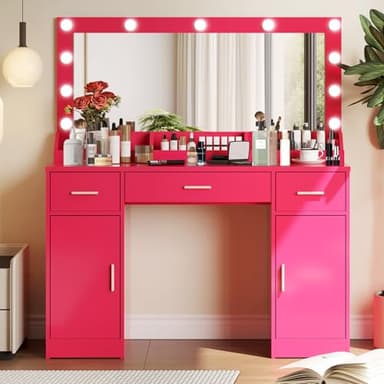 MIRROTOWEL 47.5” Vanity Desk with Large Mirror, 3 Colour Lighting Modes, Adjustable Brightness, Dresser with 3 Drawers & 2 Vertical Cabinets, Makeup Vanity Table for Women Girls - Image 1