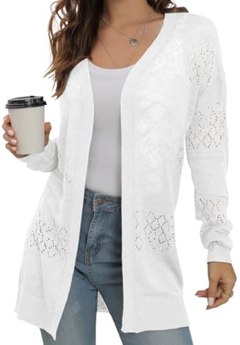 GRECERELLE Women's Lightweight Long Sleeve Cardigan Summer Casual Loose Open Front Pointelle Sweater Beach Coverup, White, Medium - Image 1