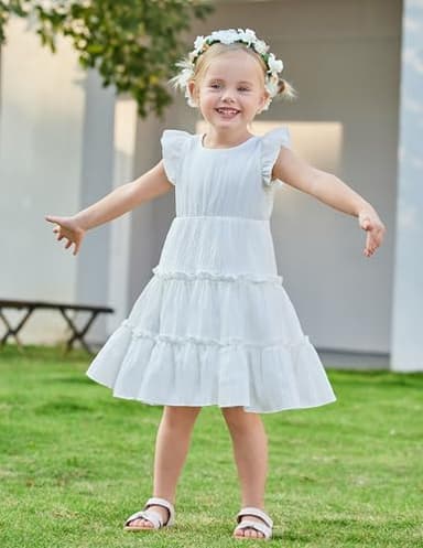 Arshiner Toddler Girls White Dress Ruffle Sleeveless Tiered Swing Twirly Dresses Cute Summer Beach Sundress Size 5-6 - Image 4