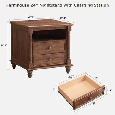 T4TREAM 24'' Farmhouse End Table w/4 Solid Wood Feet, Large 2 Drawers Wide Sofa Side Table with Charging Station, Tall Rustic Wood Square Nightstand for Living Room, Bedroom, Office,Reclaimed Barnwood - Image 6