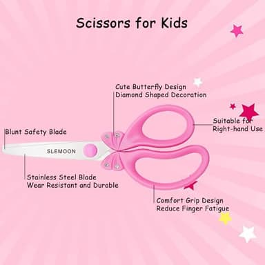 SLEMOON Scissors for Kids Ages 4-8 | Blunt Tip Safety Toddler Scissors, Stainless Steel Blades, ABS Plastic | School Craft Supplies, Art Projects, Pink (Princess Design with Rhinestones) - Image 5