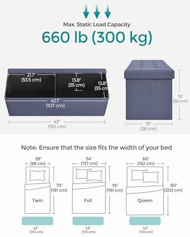 SONGMICS MAZIE Collection - 43 Inches Folding Storage Ottoman Bench, Ottoman Foot Rest, End of Bed Bench, Storage Chest, Load 660 lb, for Living Room, Bedroom, Entryway, Misty Blue ULSF077Q01 - Image 3